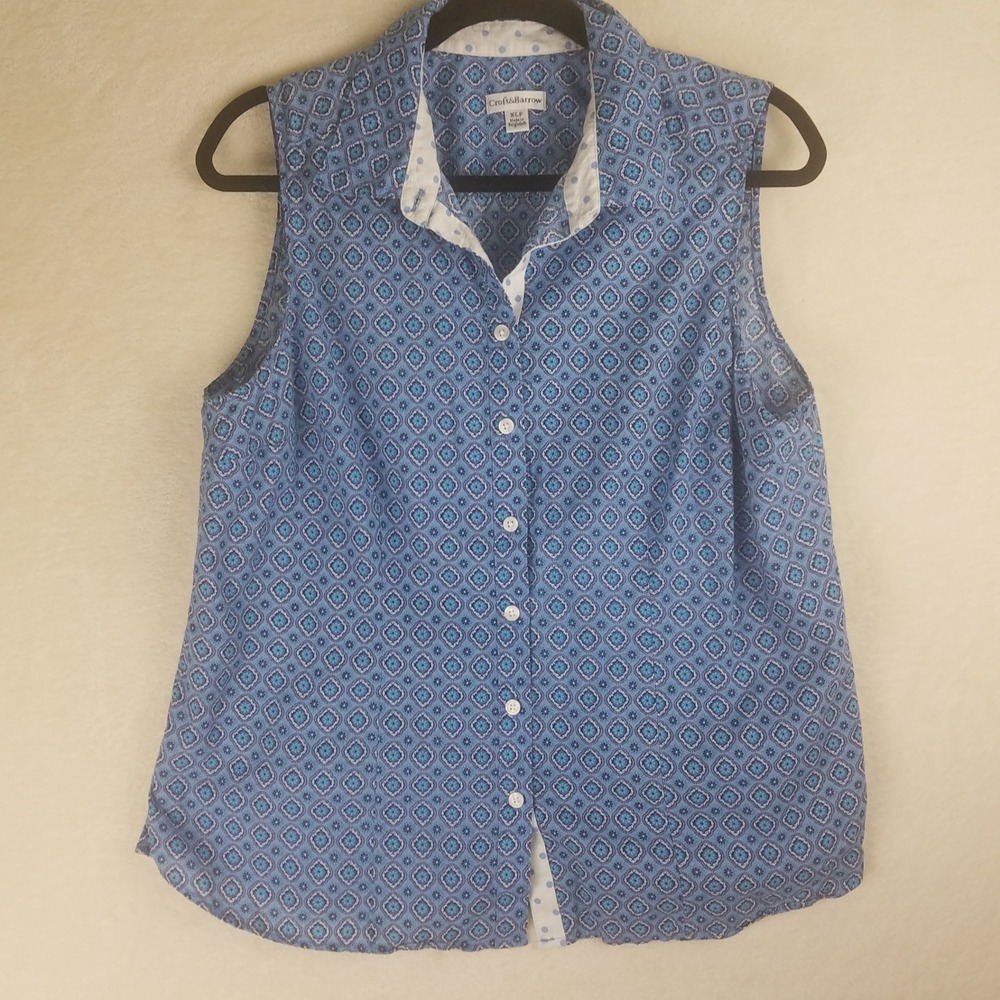 Croft & Barrow Blue Geometric Print Sleeveless Button Up Shirt Women's XL cotton
